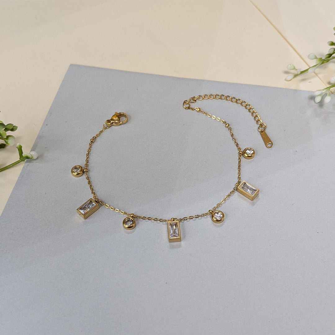 Gold Finish Rectangular & Round Gems Accent Chain Bracelet For Women (Anti-Tarnish)
