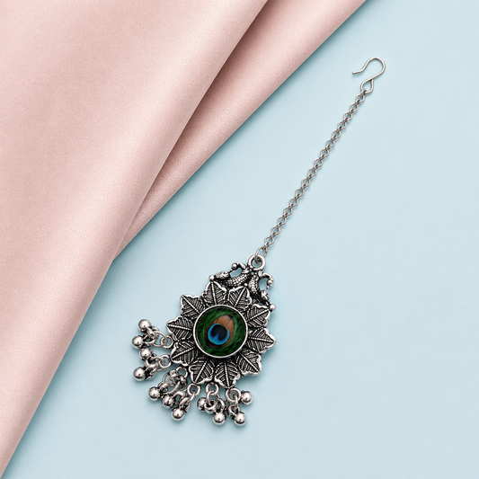 Oxidized Silver Peacock Feather Leaves Maang Tikka for Girls & Women