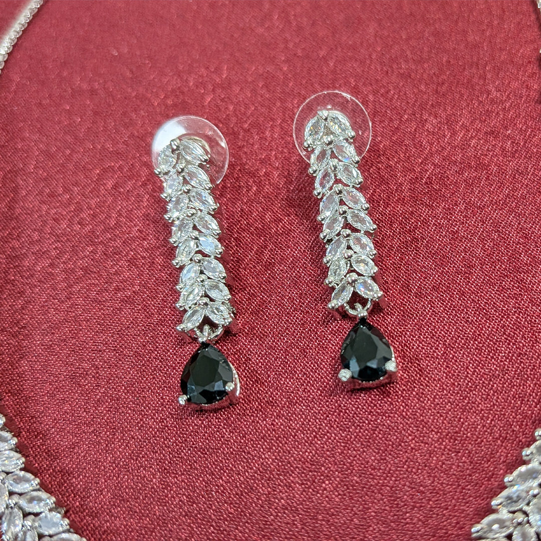 Silver Finish Leaf Design AD Teardrop Stones Necklace Set for Girls & Women