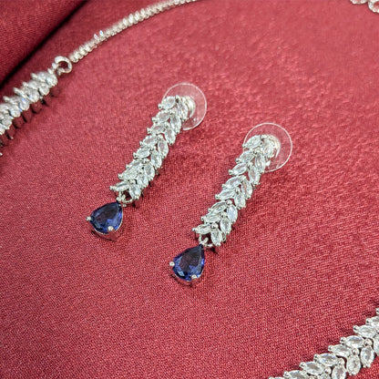Silver Finish Leaf Design AD Teardrop Stones Necklace Set for Girls & Women