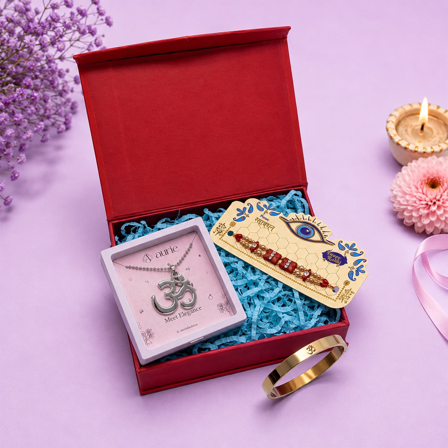 Premium Rakhi Combo with Om Pendant Necklace, Gold Finish Kada Bracelet & Designer Rakhi Gift Box