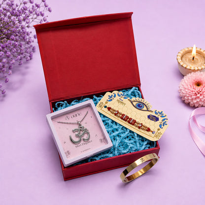 Premium Rakhi Combo with Om Pendant Necklace, Gold Finish Kada Bracelet & Designer Rakhi Gift Box
