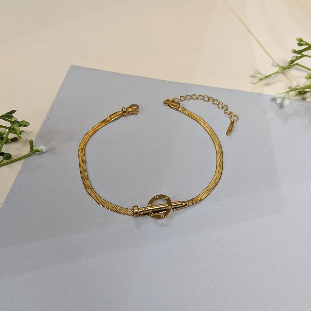 Gold Finish Round Toggle & Nail Embedded Designer Snake Chain Bracelet For Girls & Women (Anti-Tarnish)