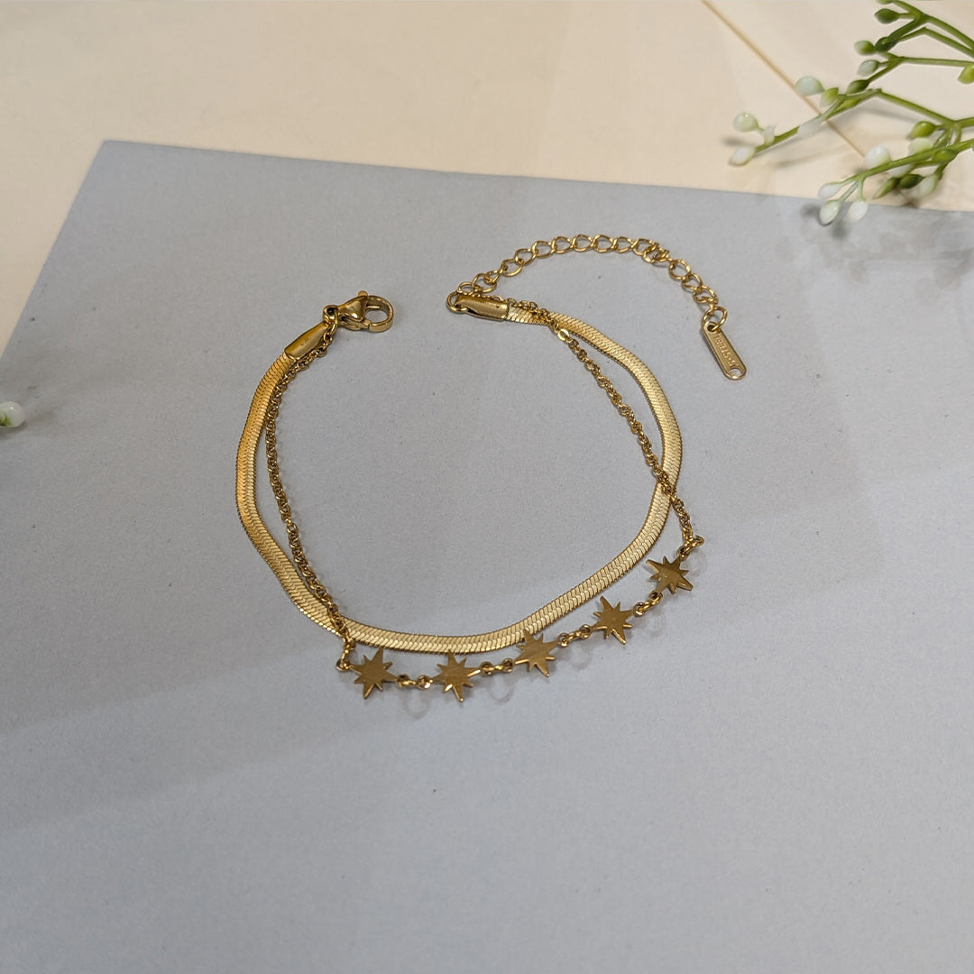 Gold Finish Dual Layered Star Charm & Flat Snake Chain Bracelet for Women (Anti-Tarnish)