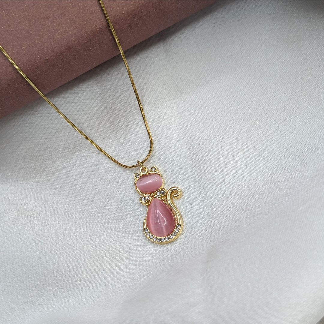 Gold Finish Crystal & Stone Kitty Charm Pendant for Women