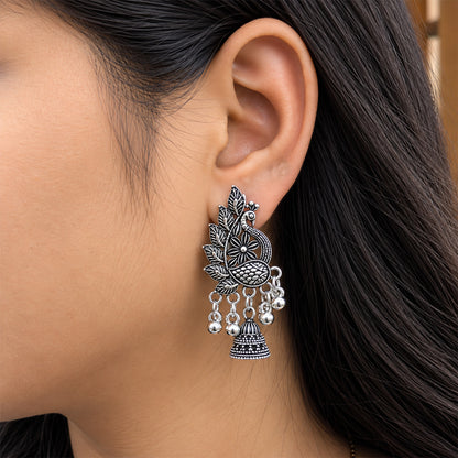 Oxidized Silver Leaf Jhumka Earrings for Women