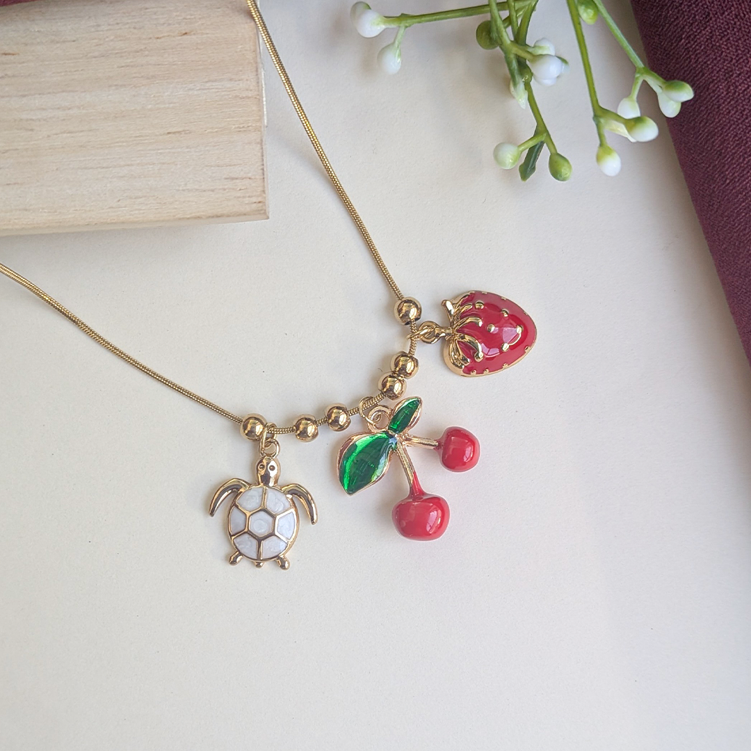 Gold Plated Cute Turtle, Cherry & Strawberry Charm Pendant For Girls & Women