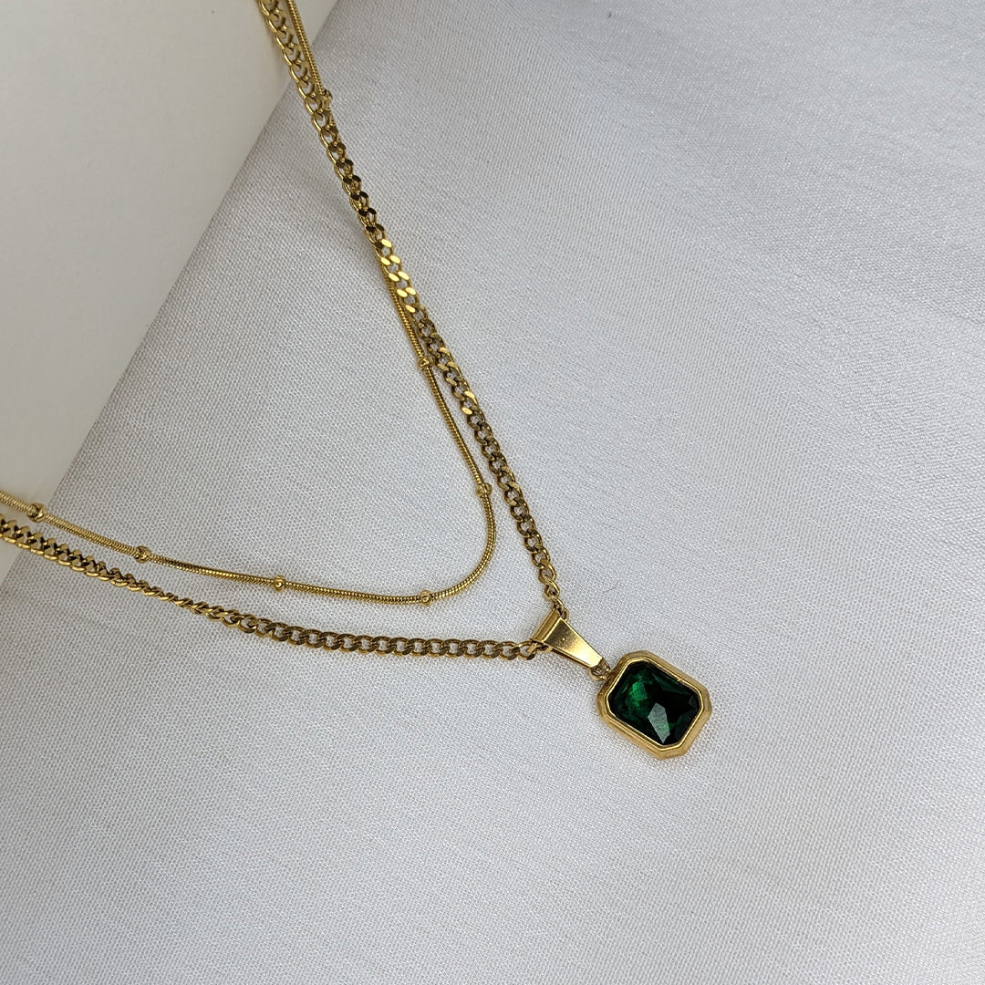 18K Gold Plated Layered Chain With Green Gemstone Emerald Pendant For Girls & Women