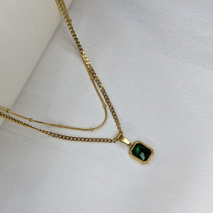 18K Gold Plated Layered Chain With Green Gemstone Emerald Pendant For Girls & Women