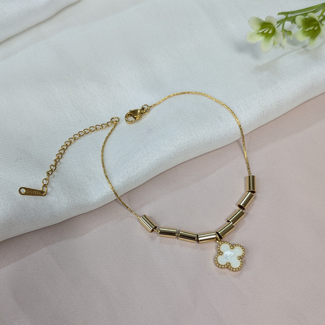 Elegant Gold Tone Tube Bead & Black Floral Brand Inspired Charm Bracelet For Girls & Women (Anti-Tarnish)