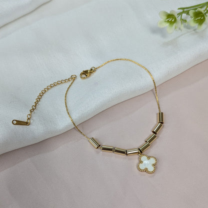 Elegant Gold Tone Tube Bead & Black Floral Brand Inspired Charm Bracelet For Girls & Women (Anti-Tarnish)