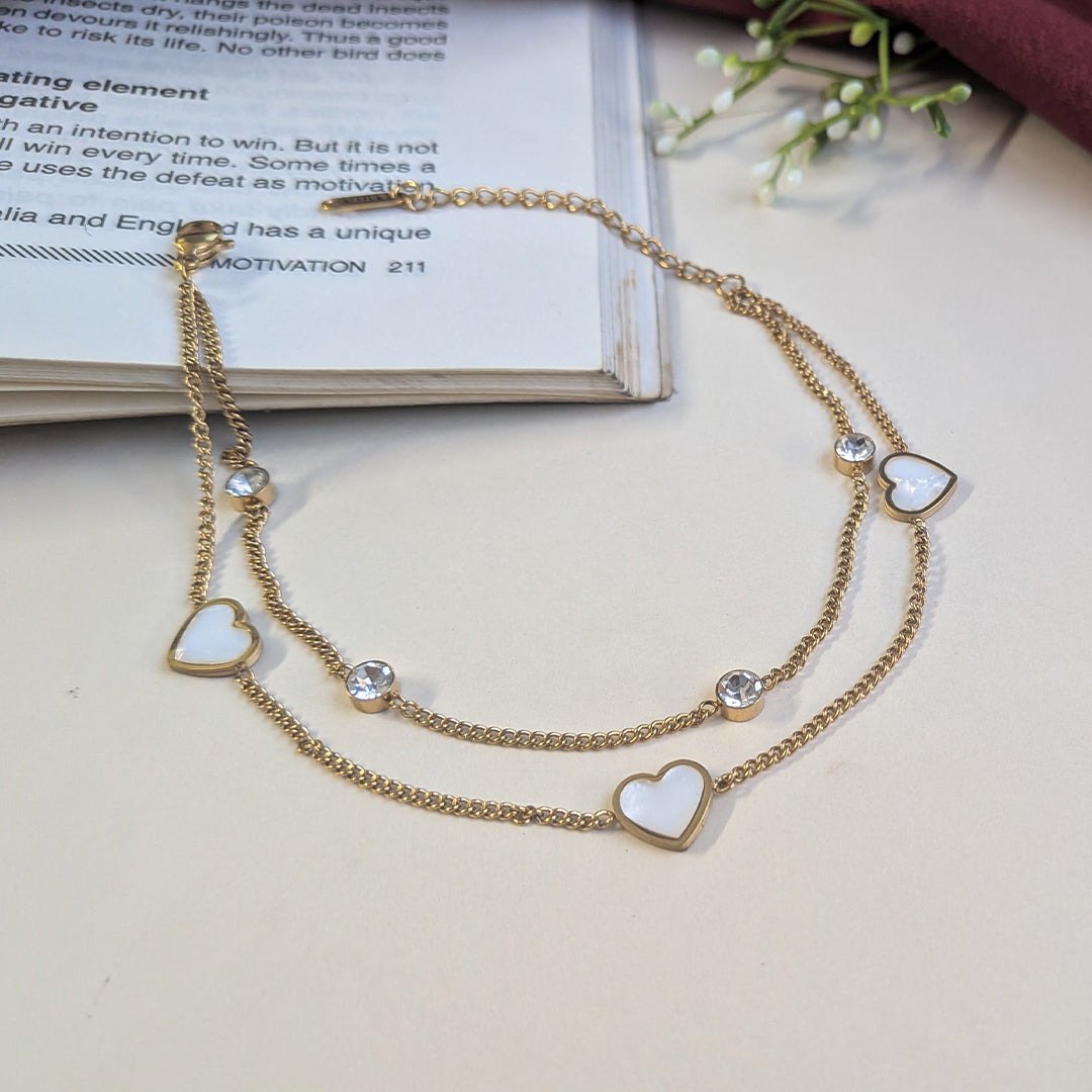 Gold Finish White Enamel Heart Anklet With Stone Accents For Girls & Women