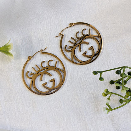 Gold Tone Brand Inspired Statement Hoop Earrings for Girls & Women