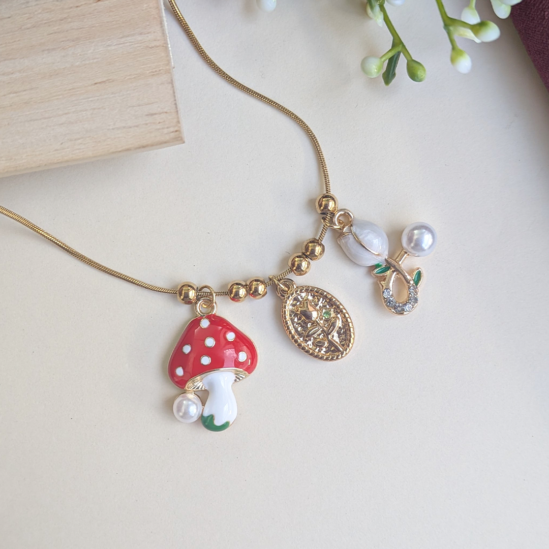 Gold Plated Cute Mushroom, Pearl Leaf & Floral Medallion Charm Pendant For Girls & Women