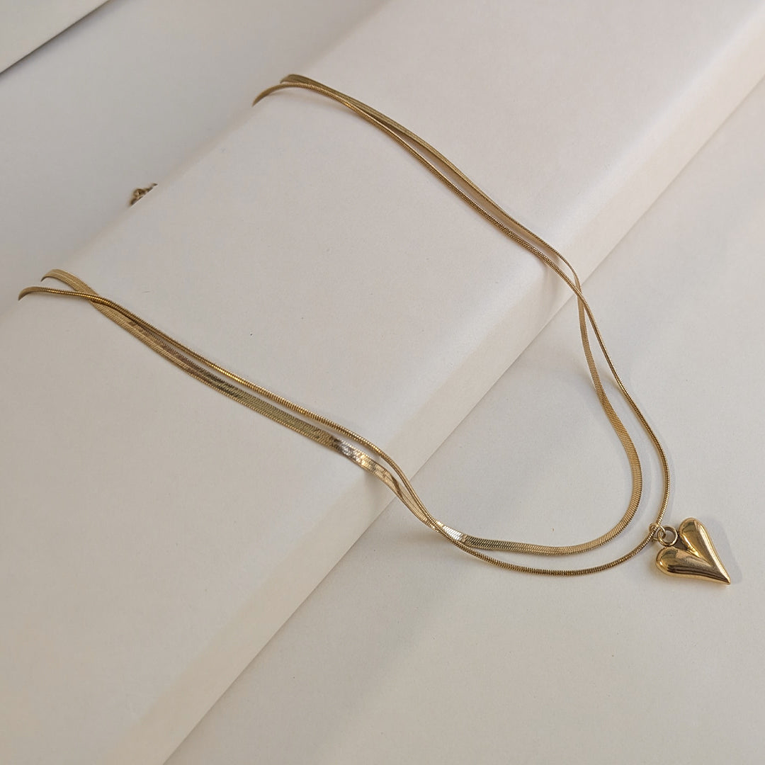 Gold Plated Double Layer Snake Chain Puffy Heart Pendant For Girls & Women