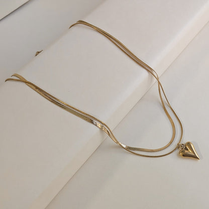 Gold Plated Double Layer Snake Chain Puffy Heart Pendant For Girls & Women