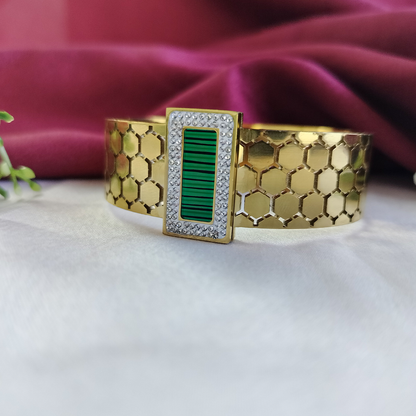 18K Gold Plated Hexa-Cut Cuff Bracelet with Green Enamel Centerpiece (Anti Tarnish)
