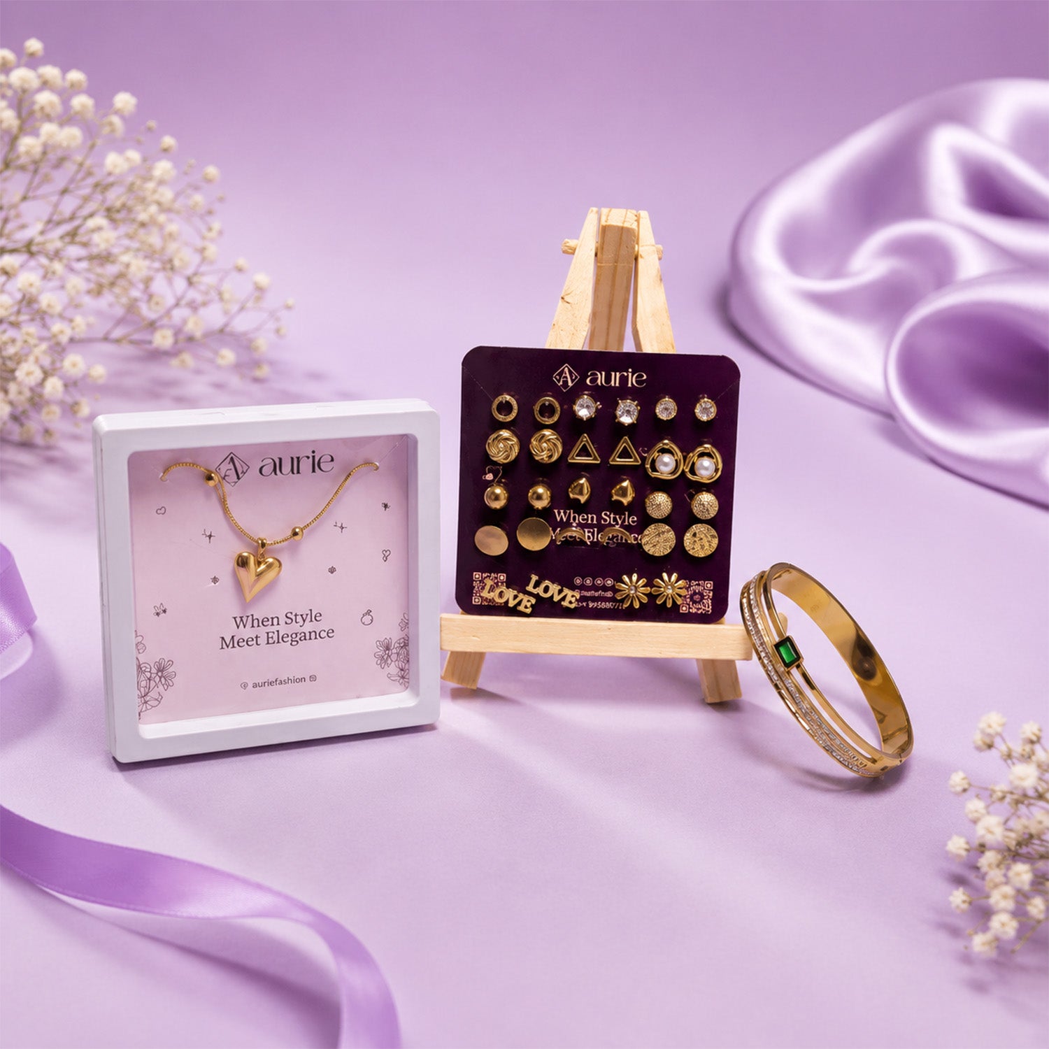 Heart Pendant Necklace, Earrings Set & Stylish Gold Finish Bangle Gift Box