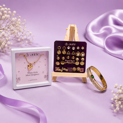 Heart Pendant Necklace, Earrings Set & Stylish Gold Finish Bangle Gift Box