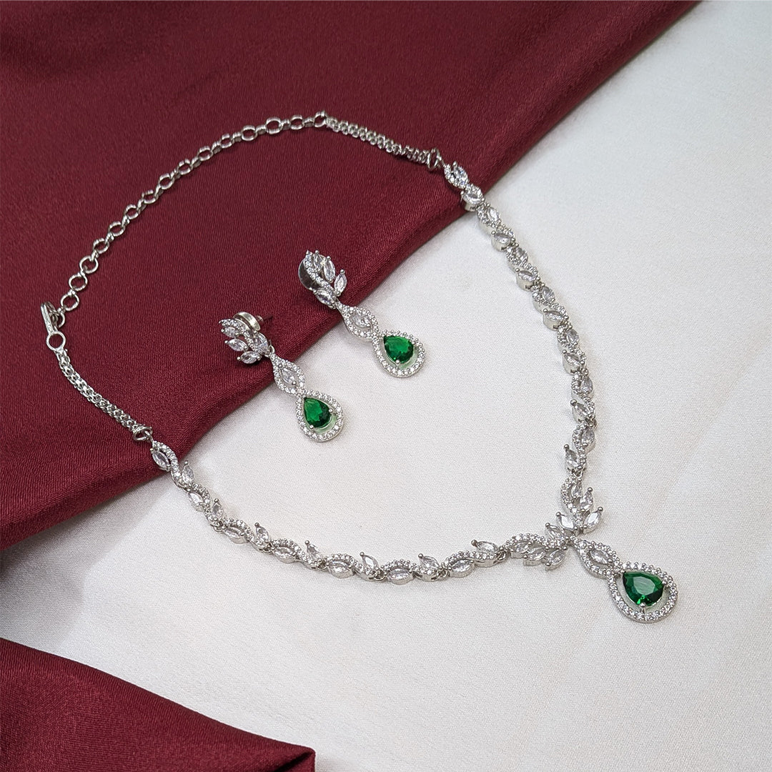 American Diamond Teardrop Green Stone Necklace Set with Matching Earrings