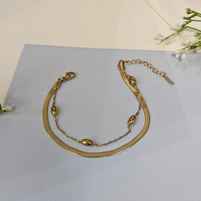 Gold Finish Designer Oval & Rectangle Beads WIth Snake Chain Bracelet For Girls & Women (Anti-Tarnish)