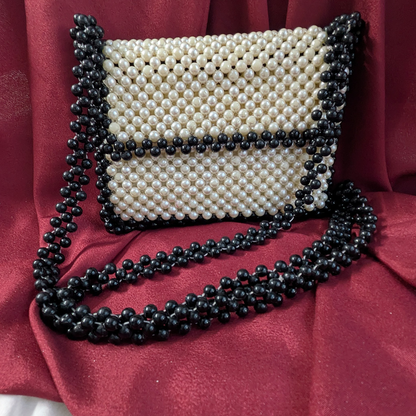 Black & White Acrylic Pearl Beaded Chain Crossbody Bag for Women
