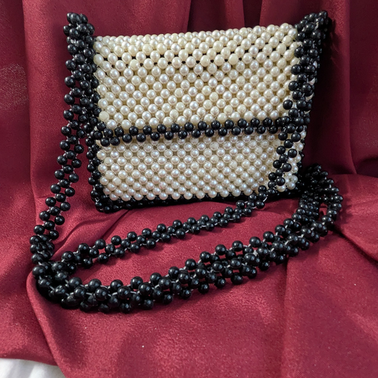 Black & White Acrylic Pearl Beaded Chain Crossbody Bag for Women