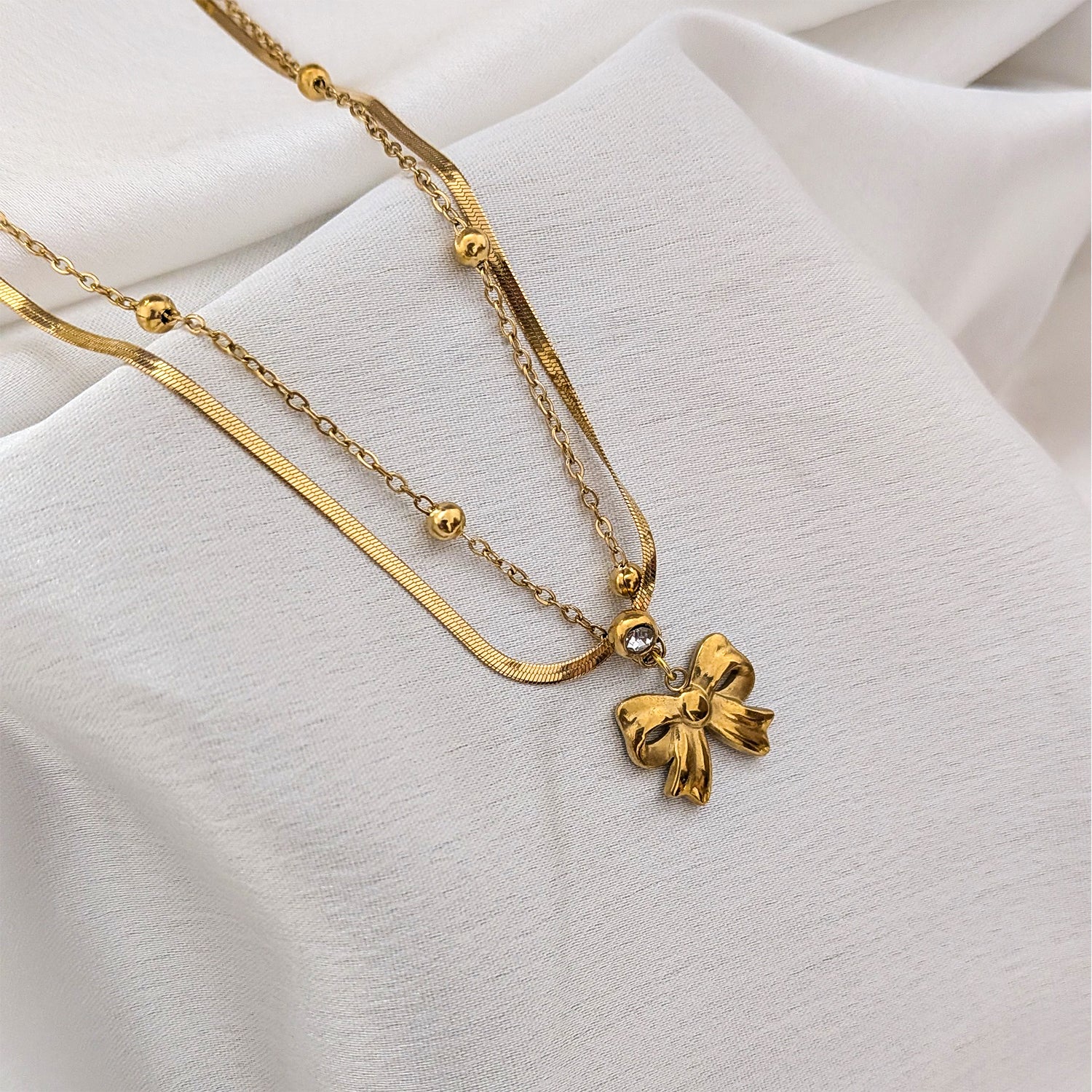 Double Layered Bow Pendant With Beaded Chain for Girls & Women