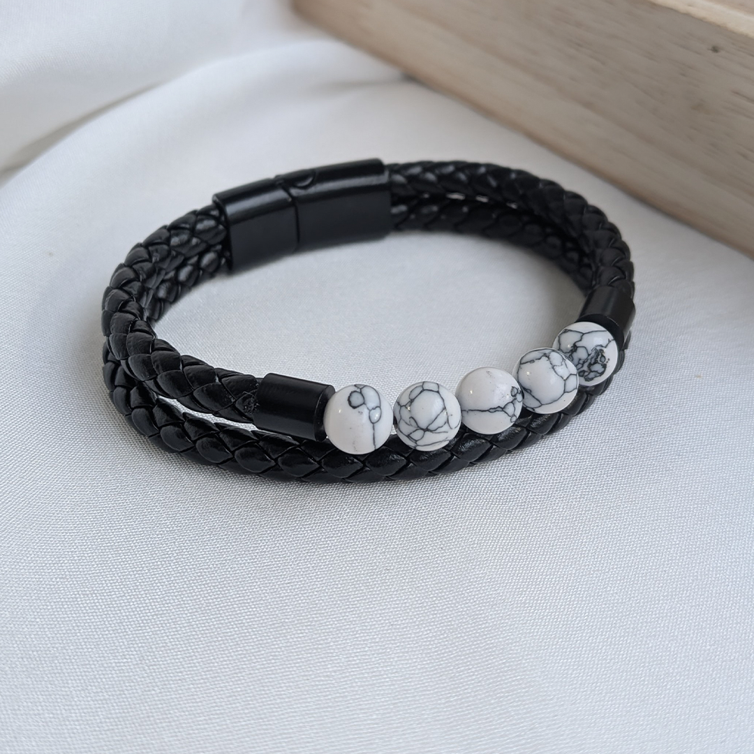 Premium Black Braided Leather Bracelet With Beads For Men