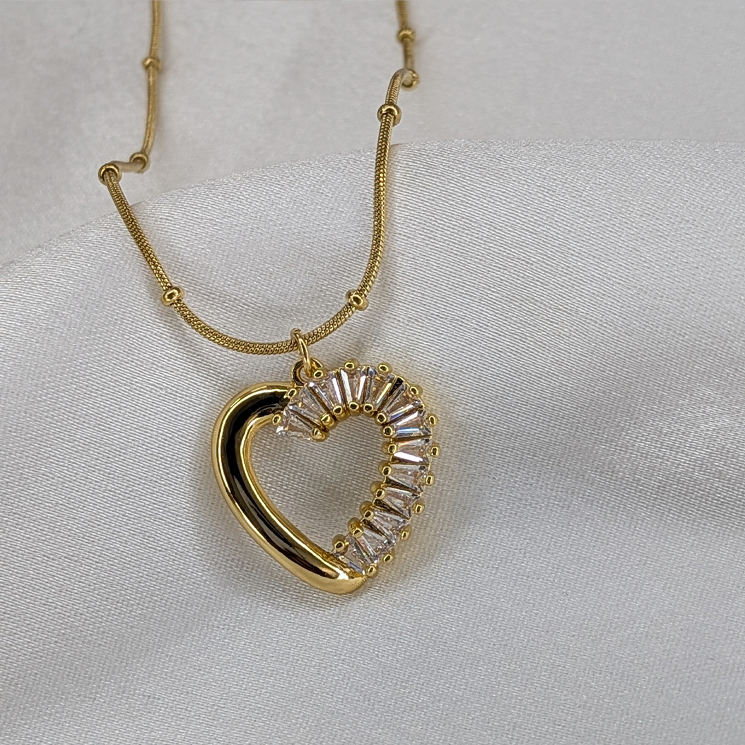 Gold Plated Baguette Crystal Heart with Beaded Stainless Chain Pendant For Girls & Women