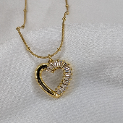 Gold Plated Baguette Crystal Heart with Beaded Stainless Chain Pendant For Girls & Women