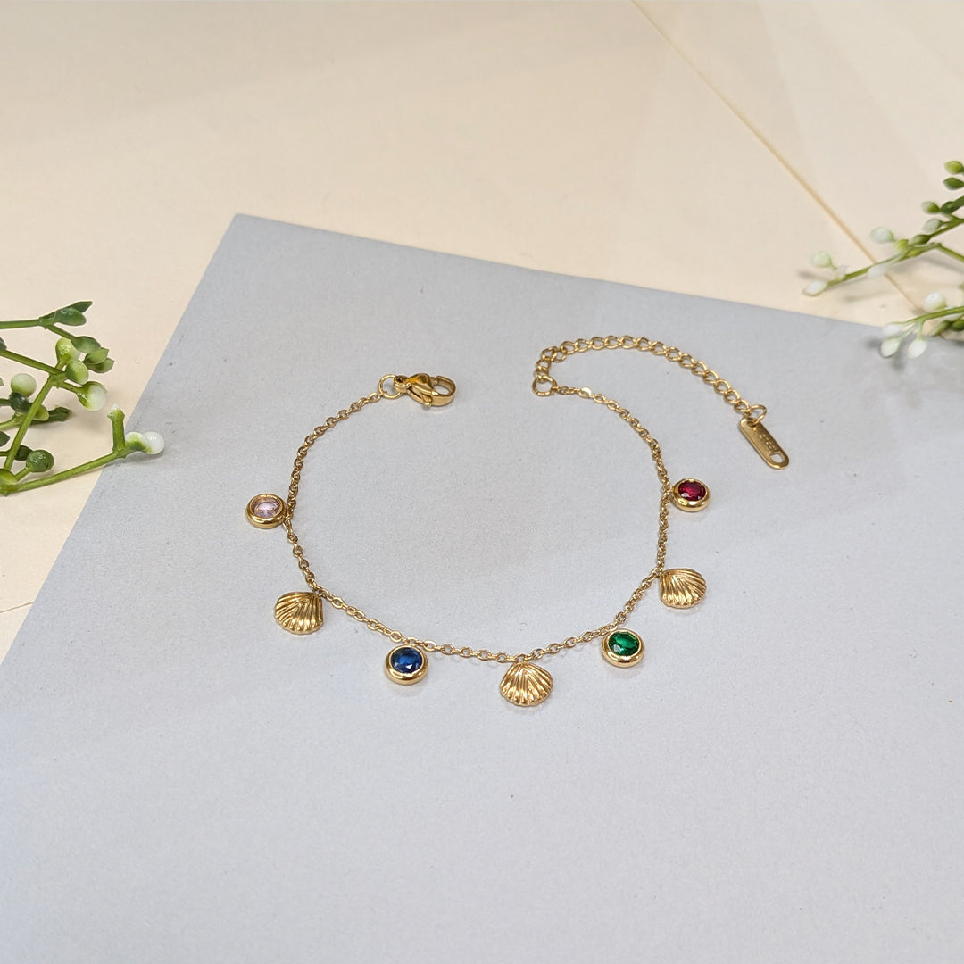 Gold Finish Multi-Stone & Textured Shell Charm Bracelet For Girls & Women (Anti-Tarnish)