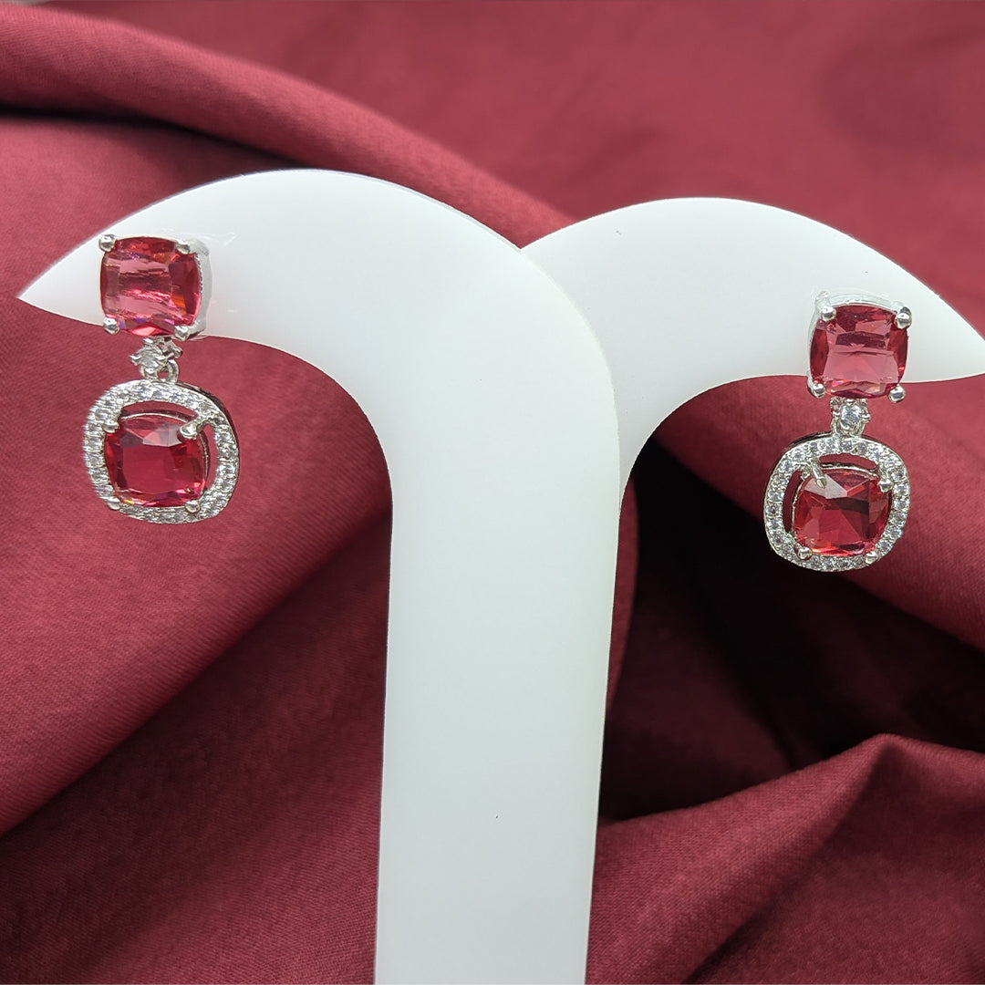 Silver Finish Elegant Cushion Cut AD Stone Drop Earrings for Girls & Women