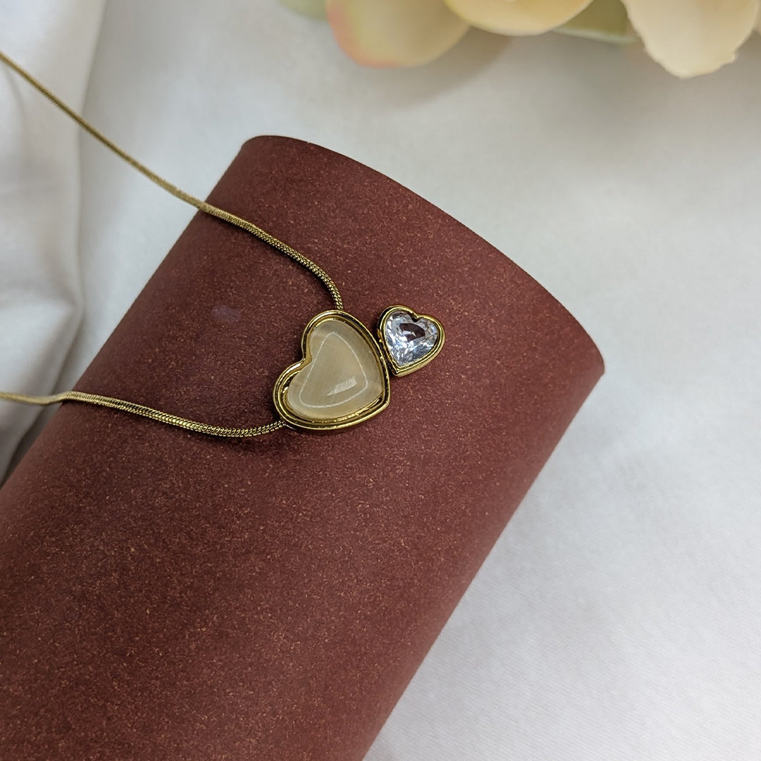 Gold Tone Twin Heart Pendant with Glossy Beige Stone & Stud For Girls & Women