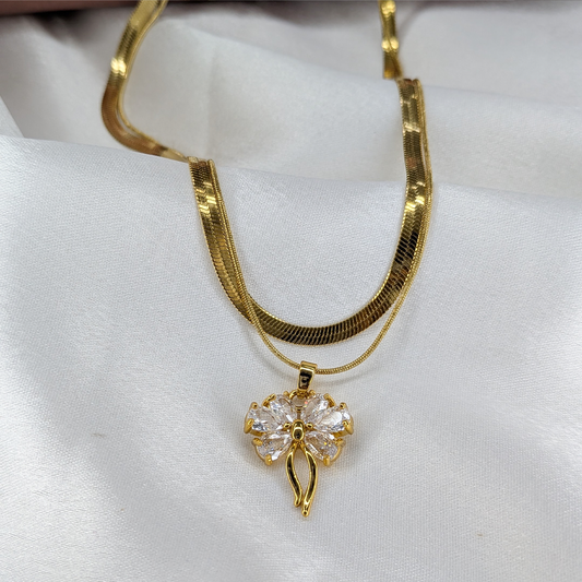 Gold Plated Dual Layered Crystal Bow Knot Stainless Steel Pendant For Girls & Women