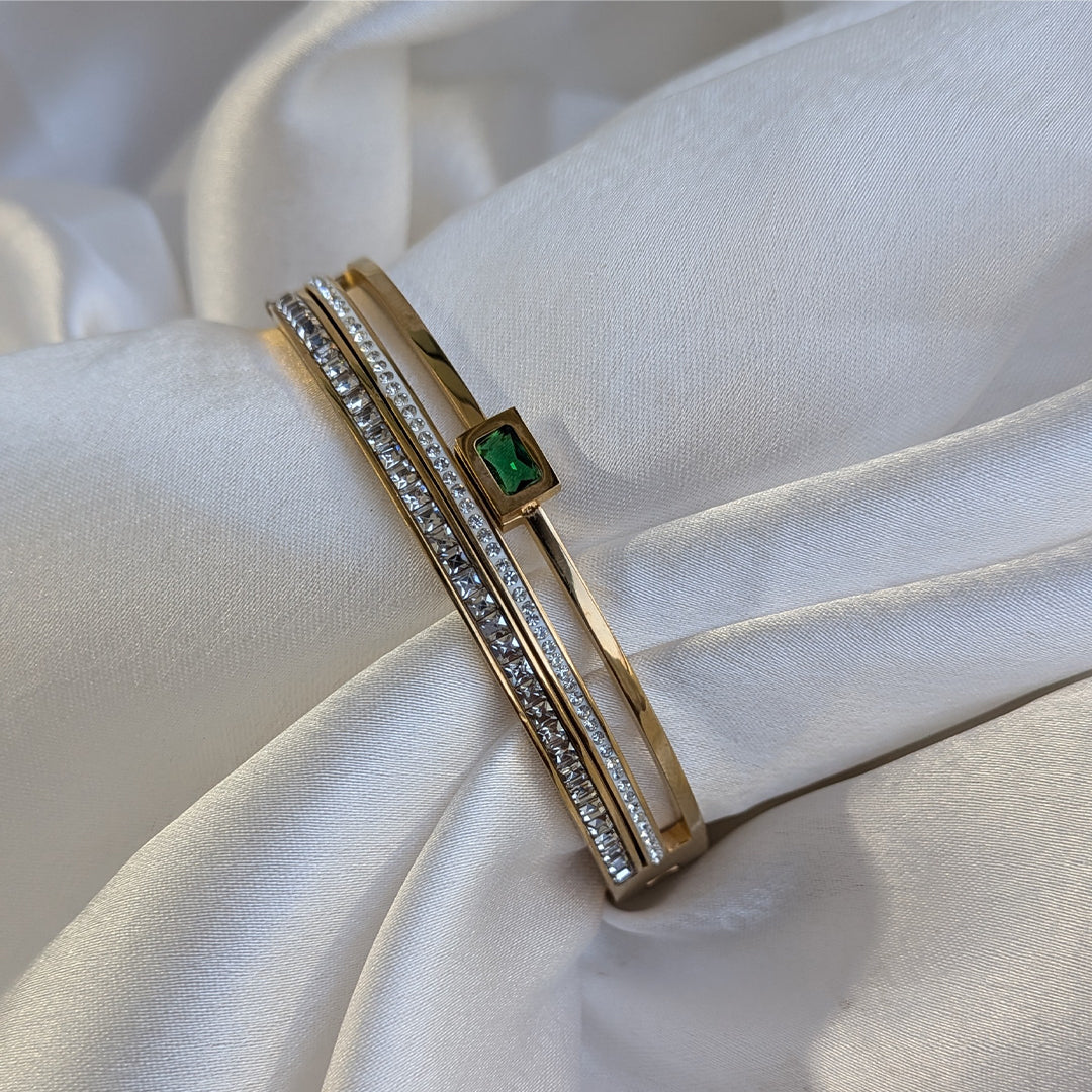 Gold Plated Triple Layer Bracelet with Twin AD Lines & Emerald Centre Stone for Girls & Women