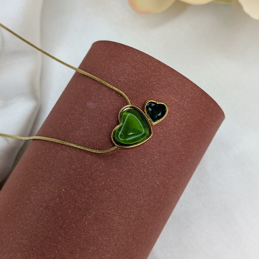 Gold Tone Twin Heart Pendant with Glossy Beige Stone & Stud For Girls & Women