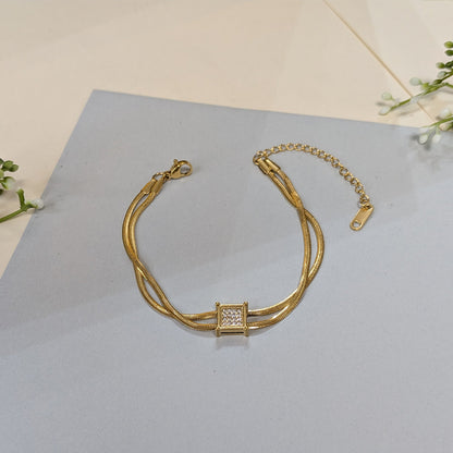 Gold Finish Pave Square Centerpiece Double Chain Bracelet For Girls & Women (Anti-Tarnish)
