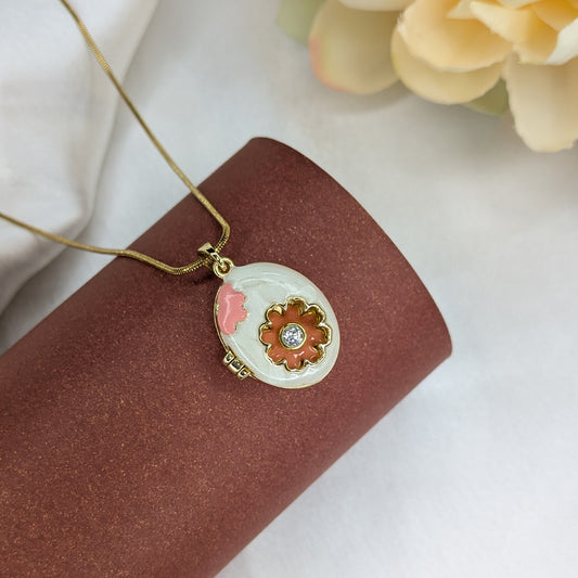 Openable Charming Floral Enamel Oval Locket with Crystal Accent For Girls & Women