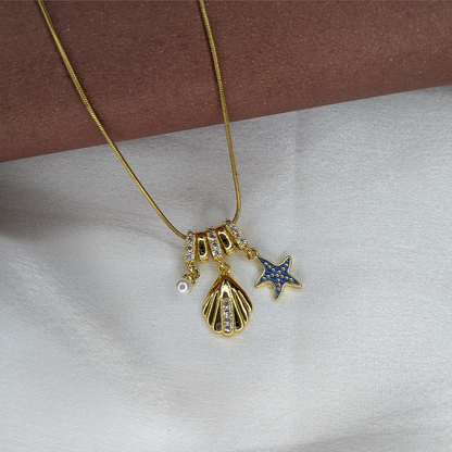 Gold Plated Seashell & Blue Starfish Charm Pendant For Girls & Women