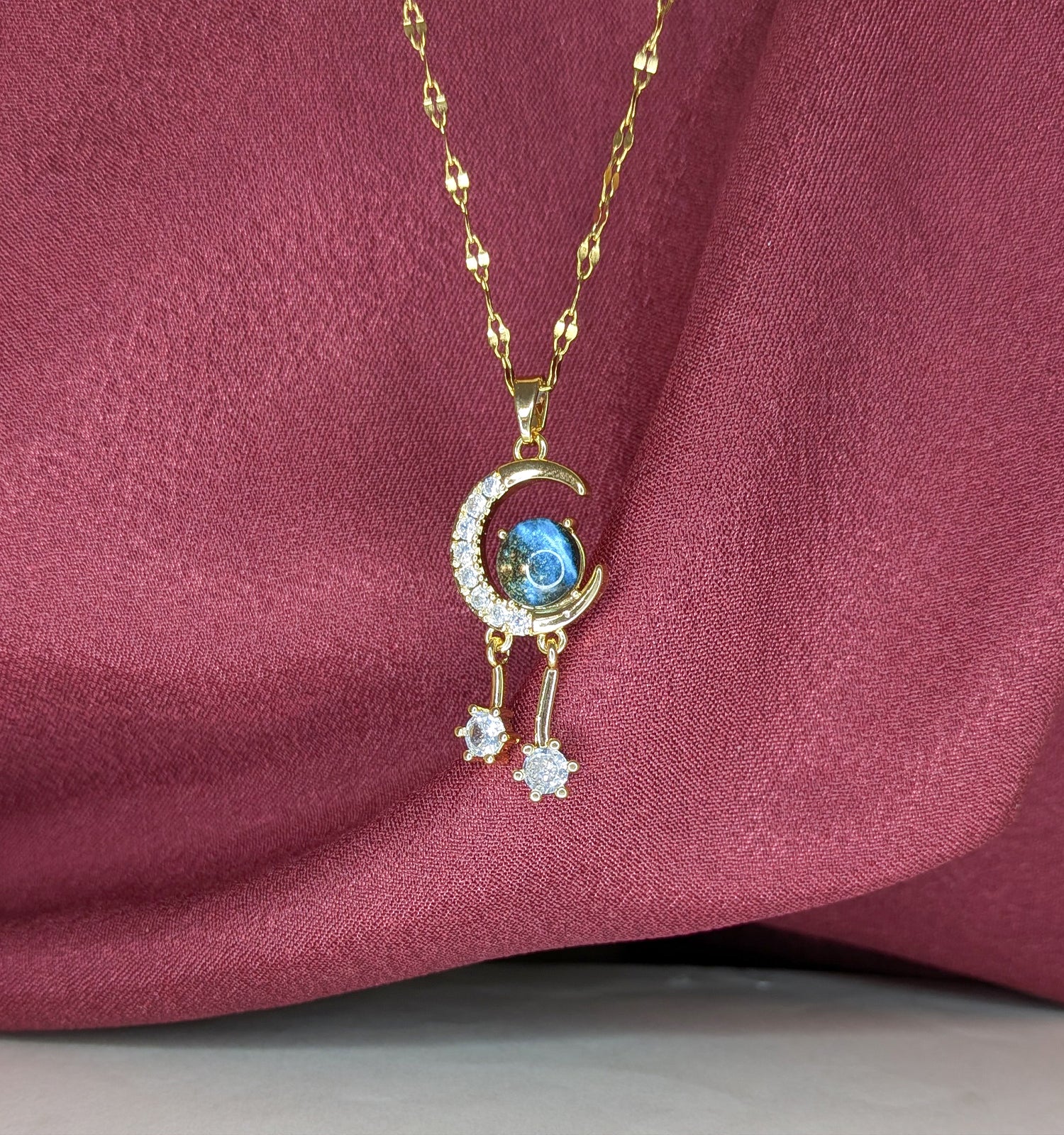 Gold Plated Blue Stone Crescent Moon & Star Pendant Necklace for Women & Girls
