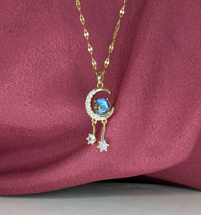 Gold Plated Blue Stone Crescent Moon & Star Pendant Necklace for Women & Girls