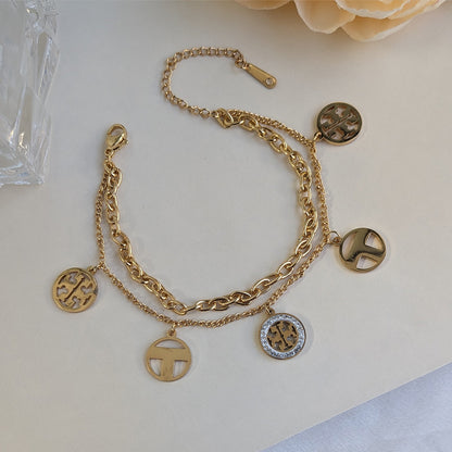 Gold Plated Dual Layer Logo Charm Bracelet For Girls & Women