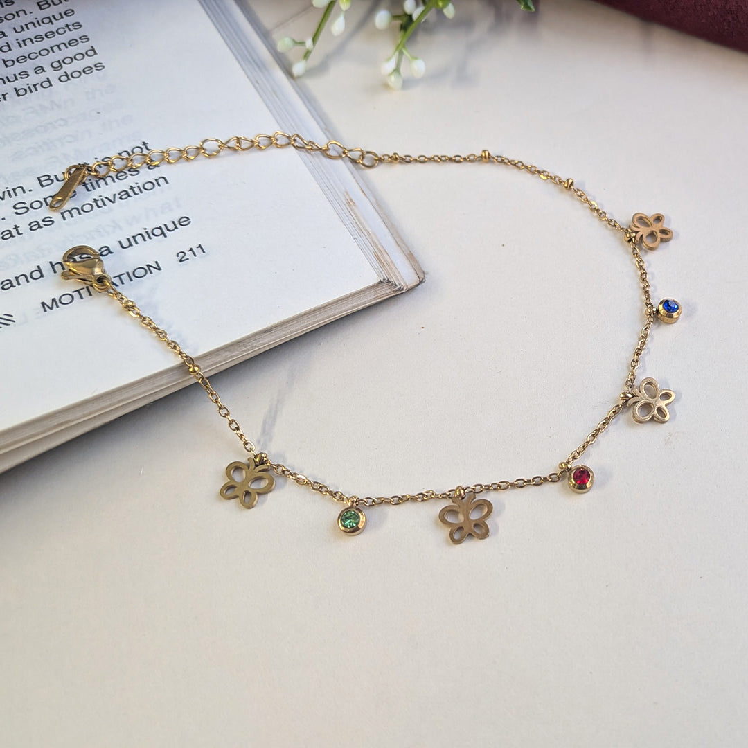 Gold Finish Butterfly Anklet with Gemstones Accents For Girls & Women