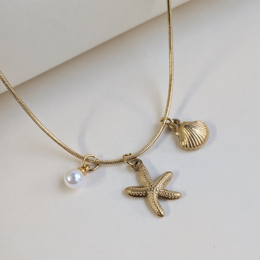 Gold Plated Sea Charm with Pearl, Starfish & Shell Pendants For Girls & Women