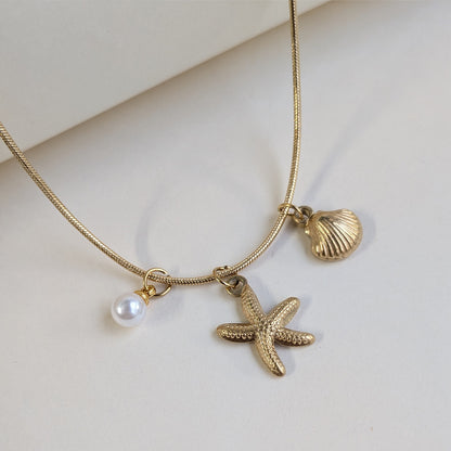 Gold Plated Sea Charm with Pearl, Starfish & Shell Pendants For Girls & Women