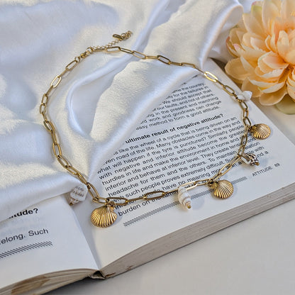 Gold Finish Beach Style Chain Necklace With Seashell & Pearl Charms For Girls & Women