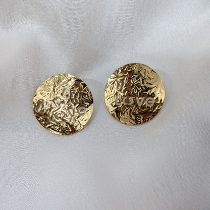 Love Engraved Textured Gold Tone Stud Earrings For Girls & Women (Anti Tarnish)