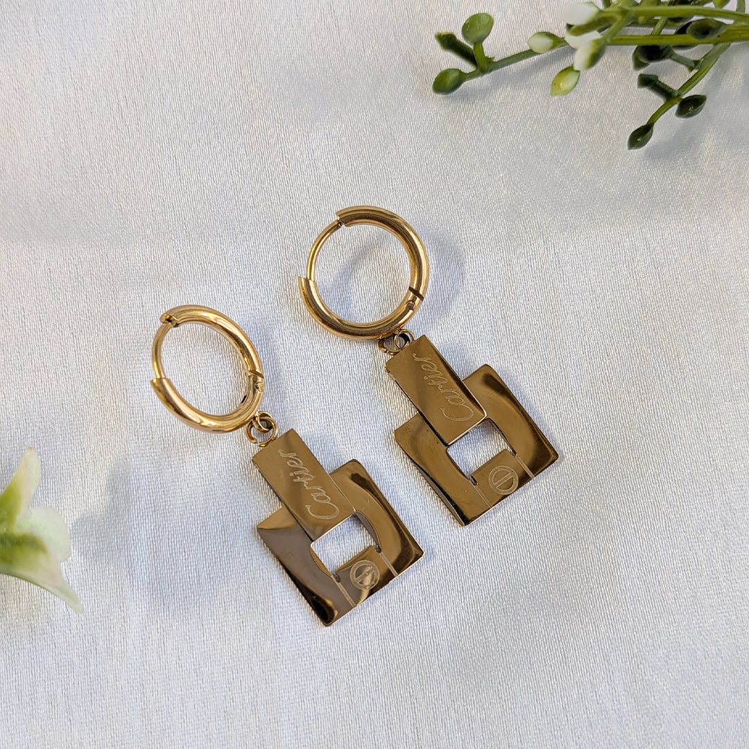 Gold Tone Brand Inspired Square Lock Drop Earrings for Girls & Women