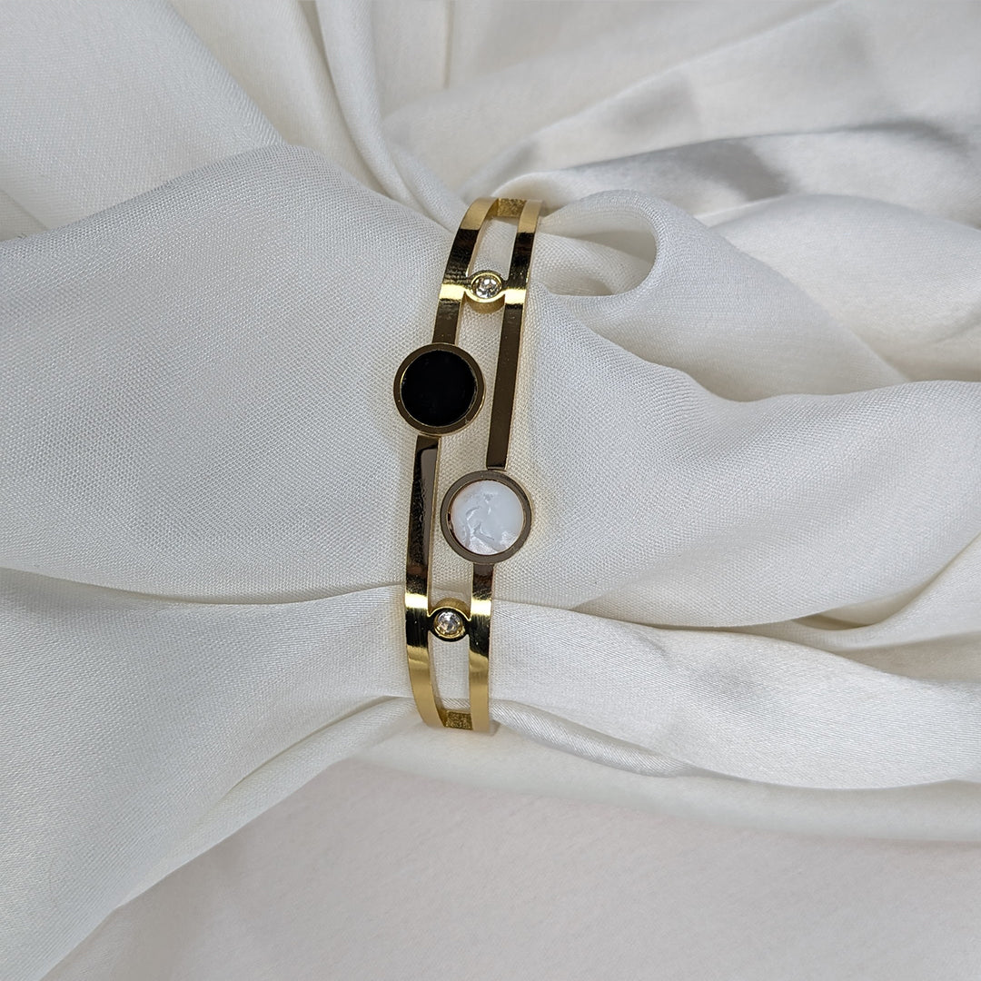 Minimalist Gold Cuff Bracelet with Black & White Enamel Accents For Girls & Women